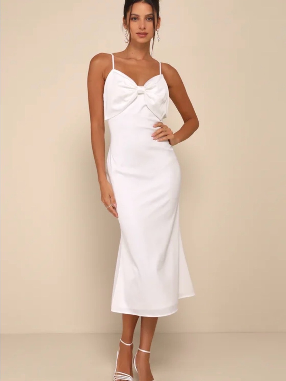LULUS Extravagantly Sleek White Satin Sleeveless Bow Front Midi Dress Bridal L
